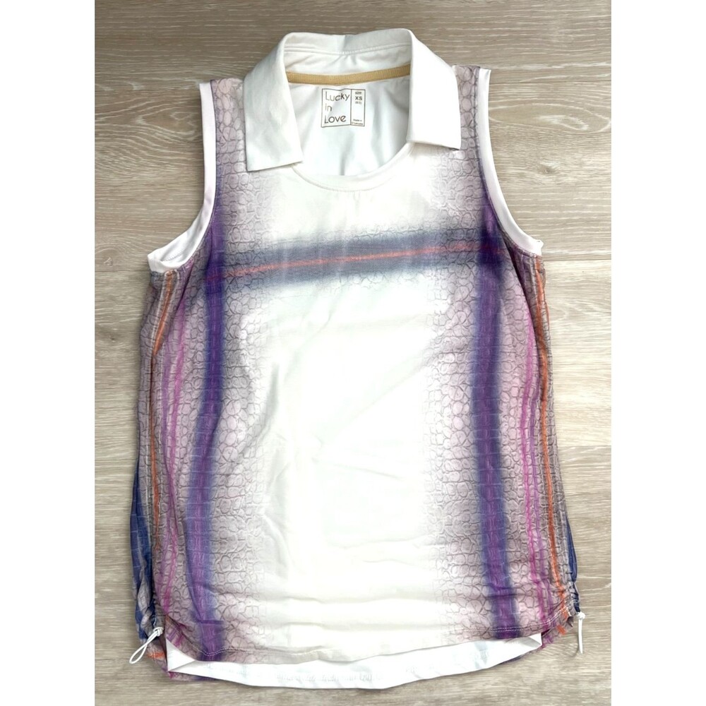 Lucky in Love Mesh Overlay Collared Polo Tank XS Scrunch Side Tennis Golf Top